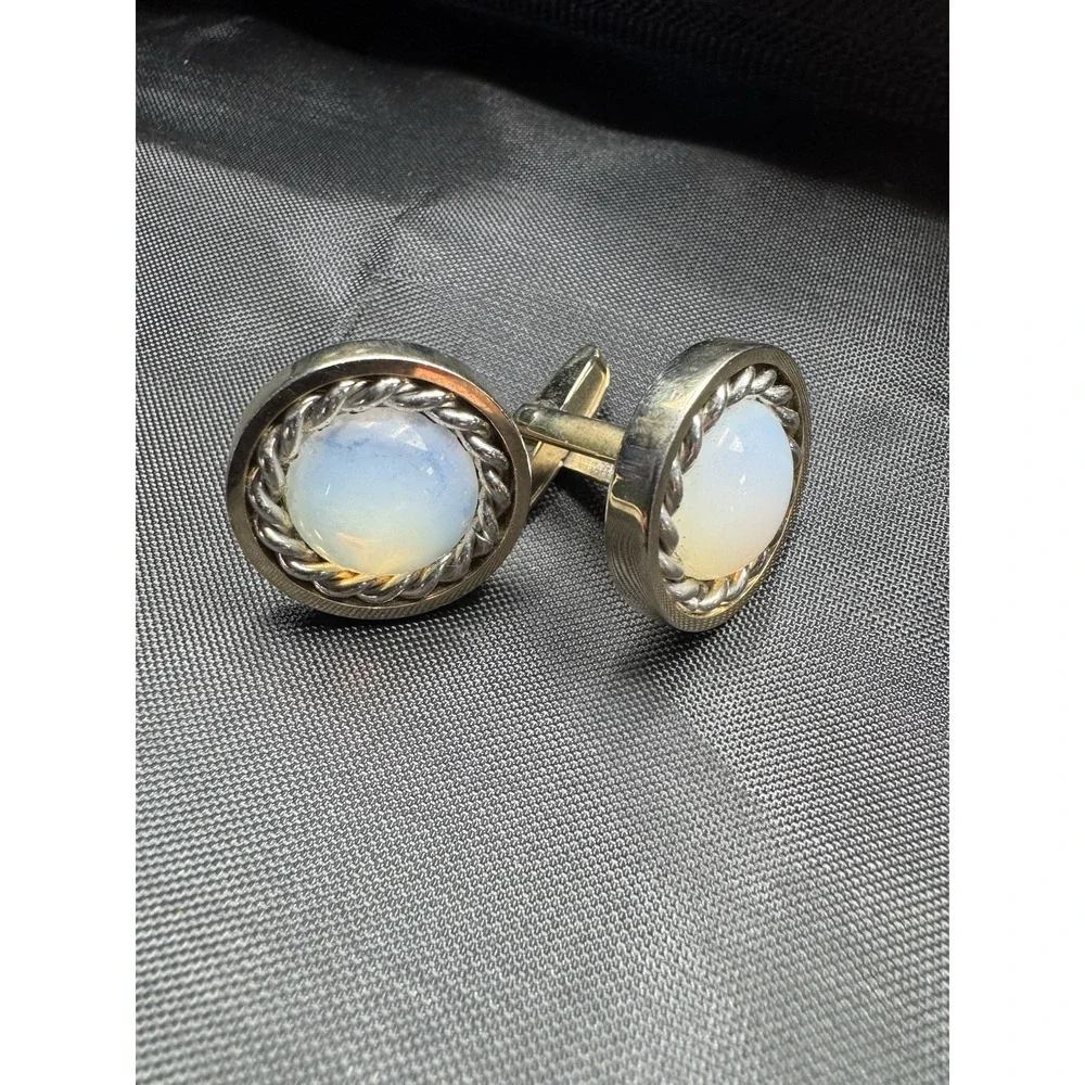 1950s Sarah Coventry Gold Round Cuff-links Faux Opal Moonstone